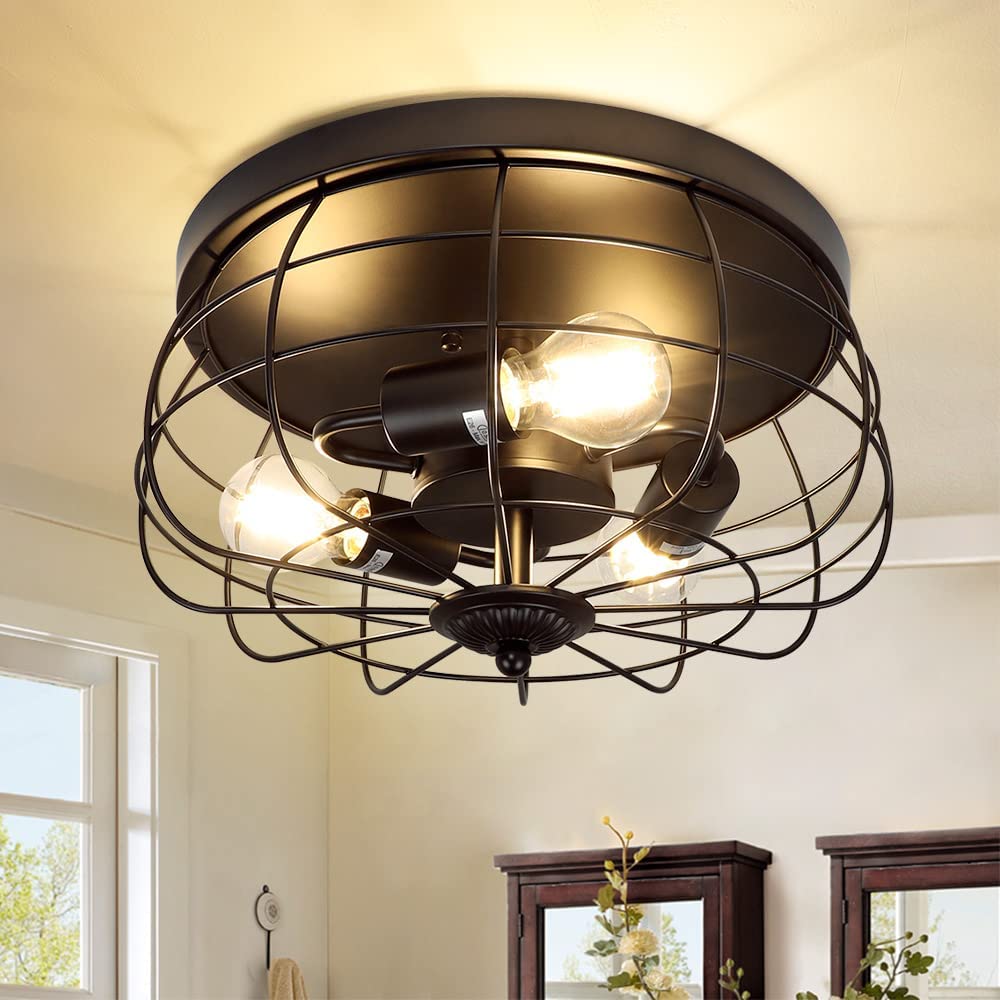 DLLT 3-Light Industrial Flush Mount Ceiling Light Fixture, 14.96'' Farmhouse Matte Black Close to Ceiling Light, Rustic Round Metal Cage Ceiling Lamp for Kitchen/Porch/Dining Room - WS-FNC30-60B 1 | Depuley