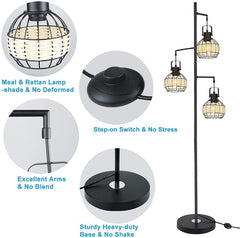DLLT 3-Light Industrial Floor Lamp with Retro Pipe Rattan Lamp Shade, Black Tree Antique Hanging Floor Lamp, Tall Vintage Pole Light Standing Lamp for Living Room, Bedroom, Office (Bulbs Included) - WS-MNF31-60B 3 | Depuley