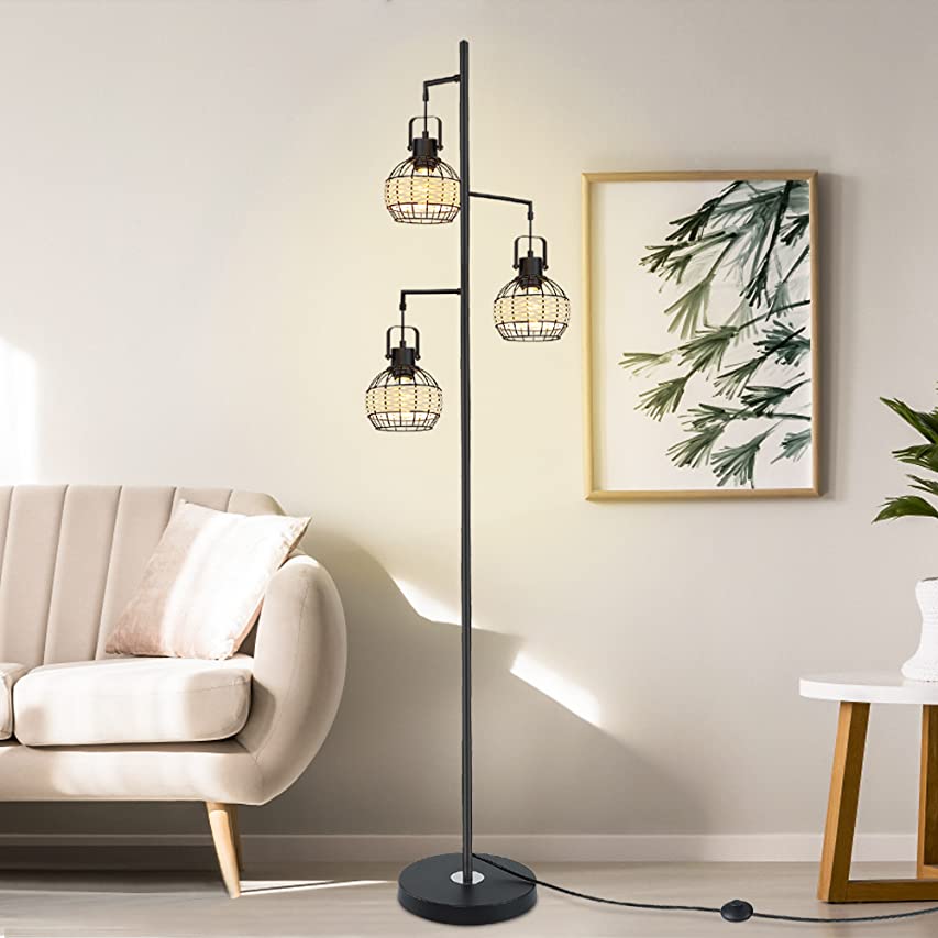DLLT 3-Light Industrial Floor Lamp with Retro Pipe Rattan Lamp Shade, Black Tree Antique Hanging Floor Lamp, Tall Vintage Pole Light Standing Lamp for Living Room, Bedroom, Office (Bulbs Included) - WS-MNF31-60B 1 | Depuley