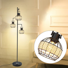 DLLT 3-Light Industrial Floor Lamp with Retro Pipe Rattan Lamp Shade, Black Tree Antique Hanging Floor Lamp, Tall Vintage Pole Light Standing Lamp for Living Room, Bedroom, Office (Bulbs Included) - WS-MNF31-60B 2 | Depuley