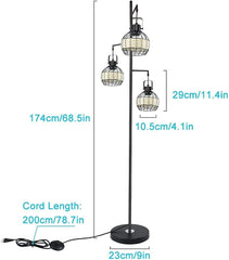 DLLT 3-Light Industrial Floor Lamp with Retro Pipe Rattan Lamp Shade, Black Tree Antique Hanging Floor Lamp, Tall Vintage Pole Light Standing Lamp for Living Room, Bedroom, Office (Bulbs Included) - WS-MNF31-60B 4 | Depuley