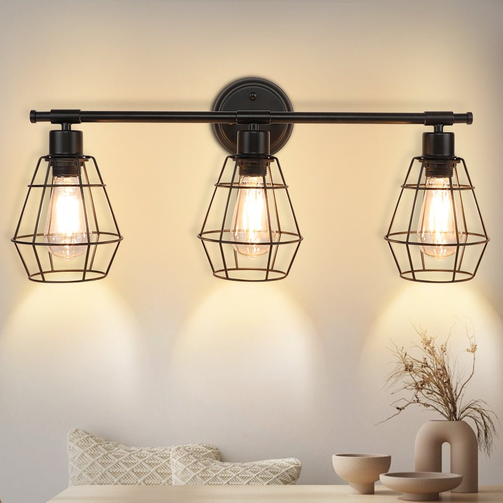 Depuley 3-Light Industrial Bathroom Vanity Light Fixtures, Farmhouse Bathroom Wall Mounted Light, Vintage Metal Cage Wall Sconces Lighting for Mirror Cabinet, Living Room Bedroom, Hallway - WS-FNW18-60B 1 | Depuley