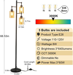 Depuley 3-Light Industrial Tree Floor Lamp, Standing Lamp with Elegant Amber Glass Shade, Bulbs Included - WS-MNF34-60B 5 | Depuley
