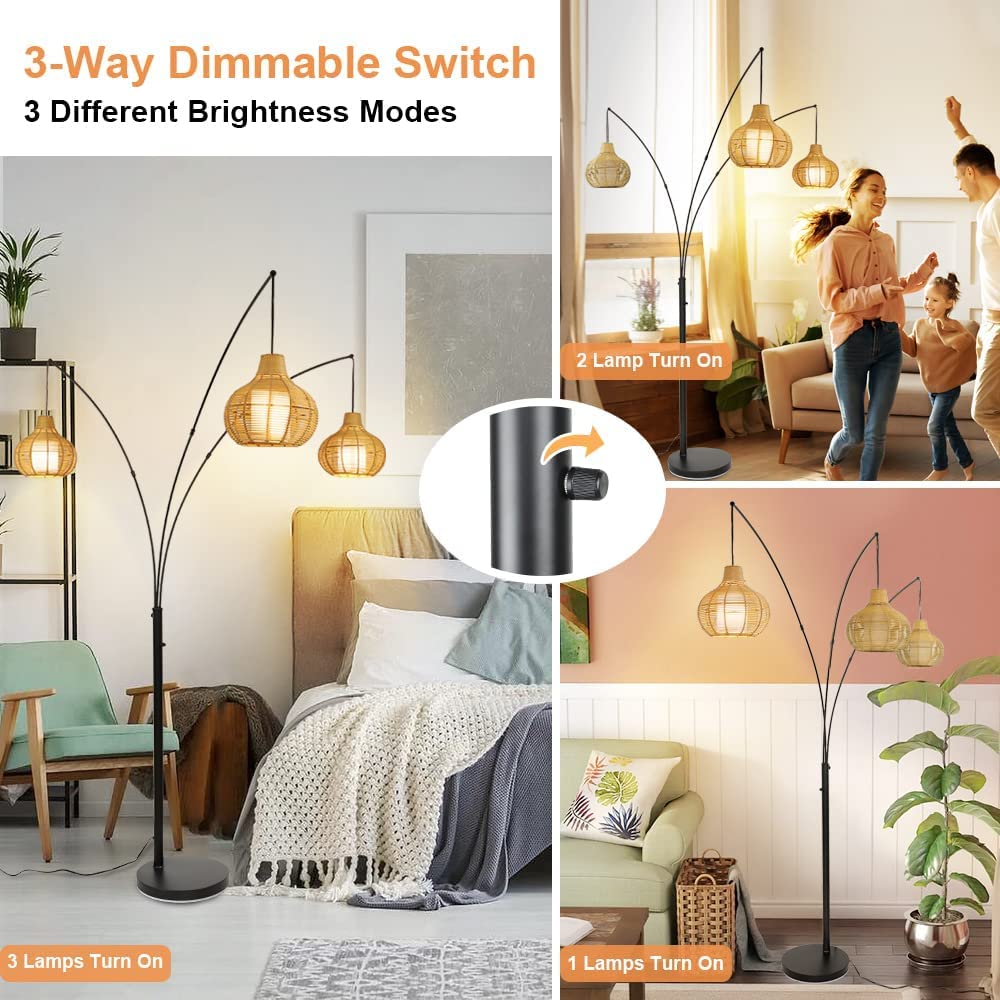 Depuley 3 Light LED Rattan Floor Lamp Adjustable Modern Tall Standing Lamp Farmhouse Arc Reading Floor Light with Bamboo Lampshades for Bedroom Livi