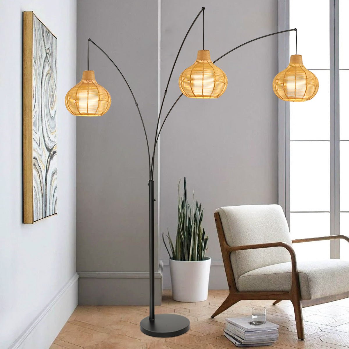 Depuley 3-Light LED Rattan Floor Lamp, Adjustable Modern Tall Standing Lamp, Farmhouse Arc Reading Floor Light with Bamboo Lampshades for Bedroom Living Room Office Study - WS-MNF37-60B 1 | Depuley