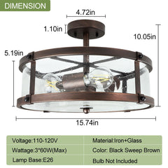 Depuley 3-Light Semi Flush Mount Ceiling Light, Farmhouse Metal Lighting Fixtures with Clear Seeded Glass Shade for Living Room Dining Room Kitchen Island Hallway Bedroom Entryway - WS-FNC21-60B 3 | Depuley