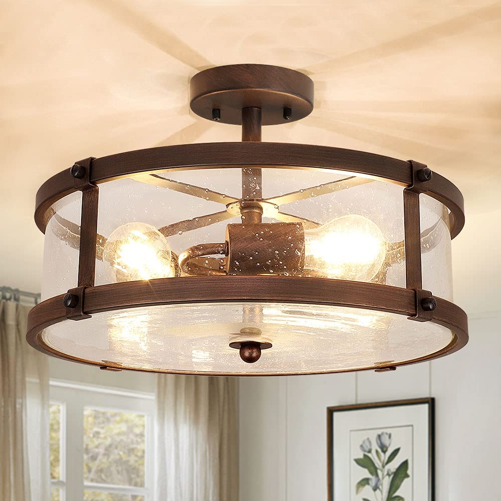 Depuley 3-Light Semi Flush Mount Ceiling Light, Farmhouse Metal Lighting Fixtures with Clear Seeded Glass Shade for Living Room Dining Room Kitchen Island Hallway Bedroom Entryway - WS-FNC21-60B 1 | Depuley