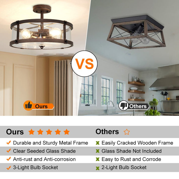 Depuley 3-Light Semi Flush Mount Ceiling Light, Farmhouse Metal Lighting Fixtures with Clear Seeded Glass Shade for Living Room Dining Room Kitchen Island Hallway Bedroom Entryway - WS-FNC21-60B 8 | Depuley