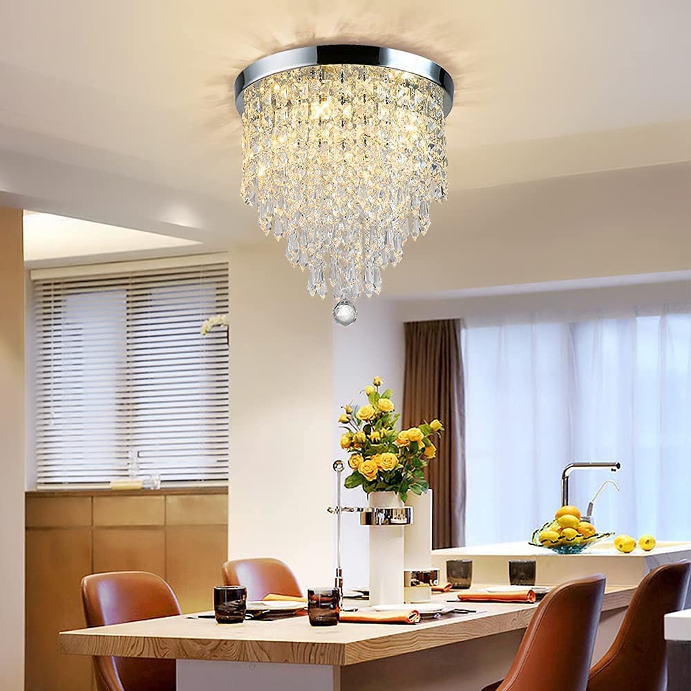 Depuley 3 Lights Modern Elegant Crystal Chandelier Lighting, K9 Ceiling Chandeliers Lights, φ250mm, Beaded Light Shade with Clear Acrylic Jewel Droplets,Flush Mount LED Ceiling Light for Dining Room Bedroom Livingroom - WSCCL01-250 2 | Depuley