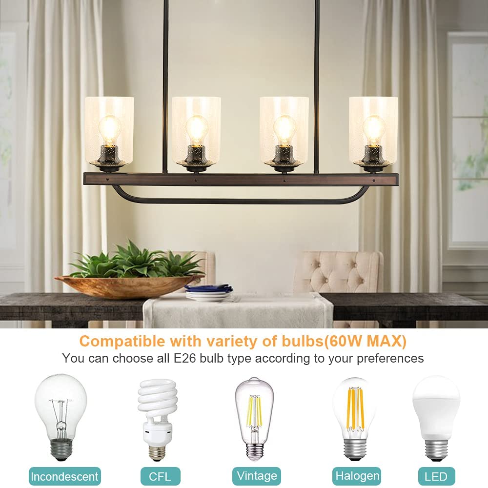Depuley 4 Light Adjustable Kitchen Island Pendant Light Fixture Rustic Metal Wood Chandelier Lighting Fixture Hanging with Glass Shade