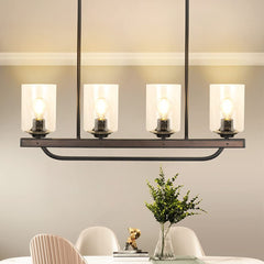 Depuley 4 Light Adjustable Kitchen Island Pendant Light Fixture Rustic Metal Wood Chandelier Lighting Fixture Hanging with Glass Shade