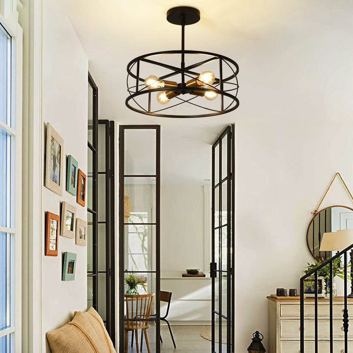 DLLT 4-Light Black Round Pendant Lighting, 18'' Industrial Metal Drum Cage Chandelier, Farmhouse Hanging Light Fixture for Dining Room, Kitchen, Living Room, Bedroom, Hallway - WS-FND63-60B 18 | Depuley