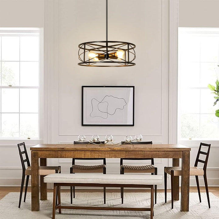 DLLT 4-Light Black Round Pendant Lighting, 18'' Industrial Metal Drum Cage Chandelier, Farmhouse Hanging Light Fixture for Dining Room, Kitchen, Living Room, Bedroom, Hallway - WS-FND63-60B 30 | Depuley