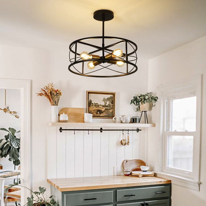 DLLT 4-Light Black Round Pendant Lighting, 18'' Industrial Metal Drum Cage Chandelier, Farmhouse Hanging Light Fixture for Dining Room, Kitchen, Living Room, Bedroom, Hallway - WS-FND63-60B 21 | Depuley