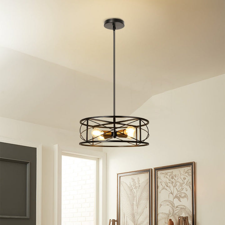 DLLT 4-Light Black Round Pendant Lighting, 18'' Industrial Metal Drum Cage Chandelier, Farmhouse Hanging Light Fixture for Dining Room, Kitchen, Living Room, Bedroom, Hallway - WS-FND63-60B 10 | Depuley