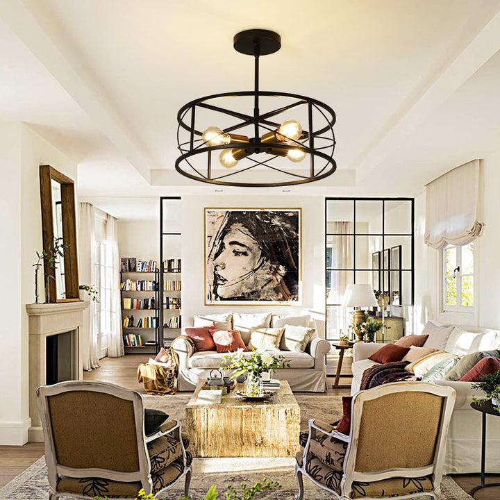 DLLT 4-Light Black Round Pendant Lighting, 18'' Industrial Metal Drum Cage Chandelier, Farmhouse Hanging Light Fixture for Dining Room, Kitchen, Living Room, Bedroom, Hallway - WS-FND63-60B 20 | Depuley