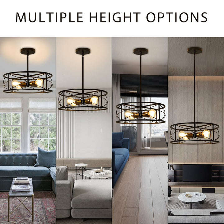 DLLT 4-Light Black Round Pendant Lighting, 18'' Industrial Metal Drum Cage Chandelier, Farmhouse Hanging Light Fixture for Dining Room, Kitchen, Living Room, Bedroom, Hallway - WS-FND63-60B 5 | Depuley