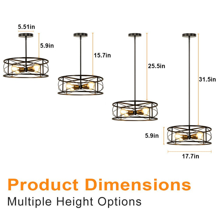 DLLT 4-Light Black Round Pendant Lighting, 18'' Industrial Metal Drum Cage Chandelier, Farmhouse Hanging Light Fixture for Dining Room, Kitchen, Living Room, Bedroom, Hallway - WS-FND63-60B 6 | Depuley