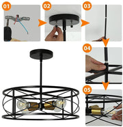 DLLT 4-Light Black Round Pendant Lighting, 18'' Industrial Metal Drum Cage Chandelier, Farmhouse Hanging Light Fixture for Dining Room, Kitchen, Living Room, Bedroom, Hallway - WS-FND63-60B 7 | Depuley