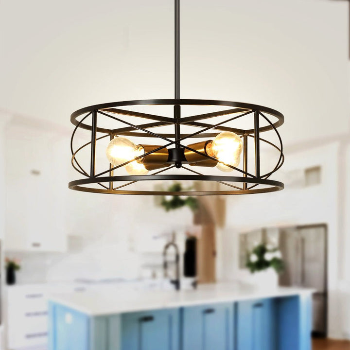 DLLT 4-Light Black Round Pendant Lighting, 18'' Industrial Metal Drum Cage Chandelier, Farmhouse Hanging Light Fixture for Dining Room, Kitchen, Living Room, Bedroom, Hallway - WS-FND63-60B 31 | Depuley