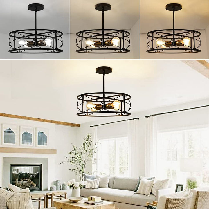 DLLT 4-Light Black Round Pendant Lighting, 18'' Industrial Metal Drum Cage Chandelier, Farmhouse Hanging Light Fixture for Dining Room, Kitchen, Living Room, Bedroom, Hallway - WS-FND63-60B 2 | Depuley
