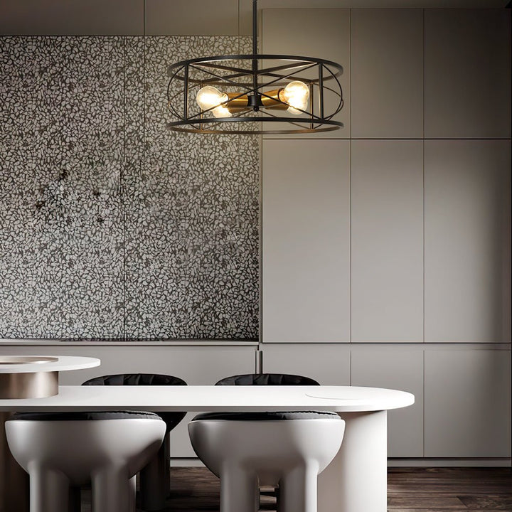 DLLT 4-Light Black Round Pendant Lighting, 18'' Industrial Metal Drum Cage Chandelier, Farmhouse Hanging Light Fixture for Dining Room, Kitchen, Living Room, Bedroom, Hallway - WS-FND63-60B 23 | Depuley