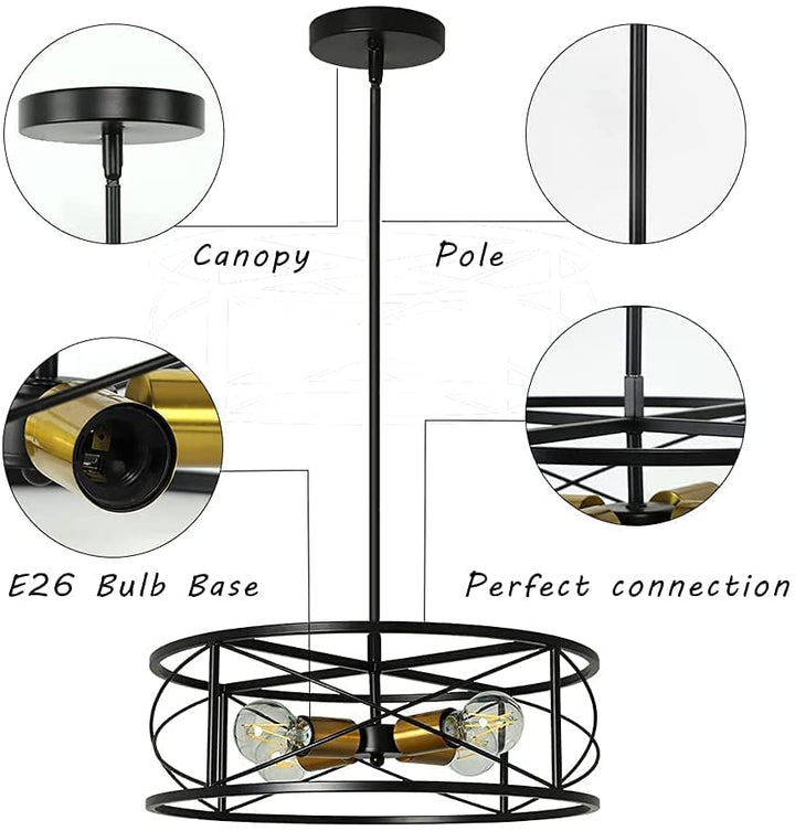 DLLT 4-Light Black Round Pendant Lighting, 18'' Industrial Metal Drum Cage Chandelier, Farmhouse Hanging Light Fixture for Dining Room, Kitchen, Living Room, Bedroom, Hallway - WS-FND63-60B 4 | Depuley