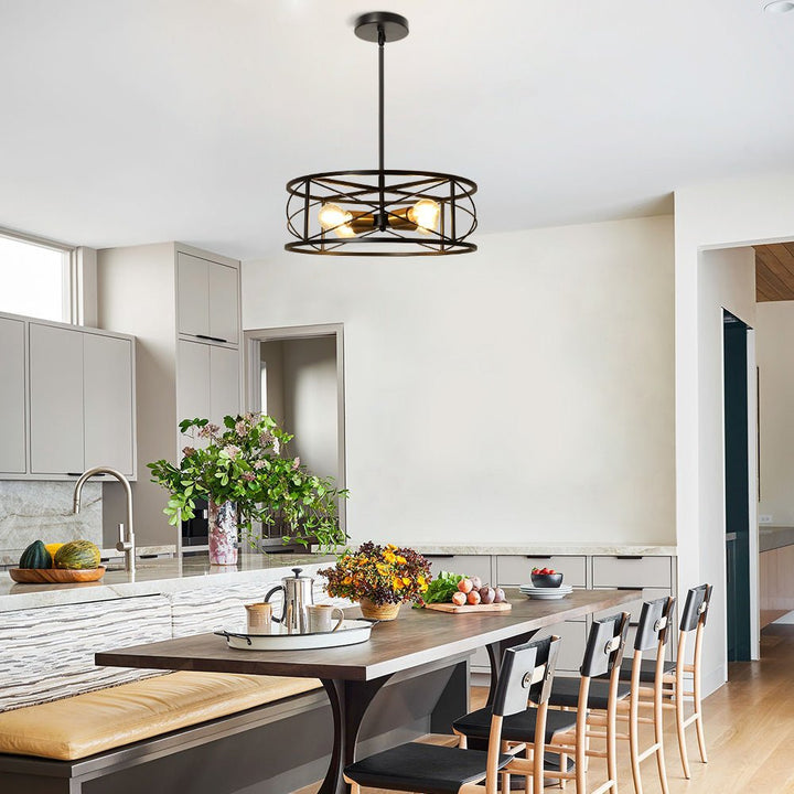 DLLT 4-Light Black Round Pendant Lighting, 18'' Industrial Metal Drum Cage Chandelier, Farmhouse Hanging Light Fixture for Dining Room, Kitchen, Living Room, Bedroom, Hallway - WS-FND63-60B 26 | Depuley