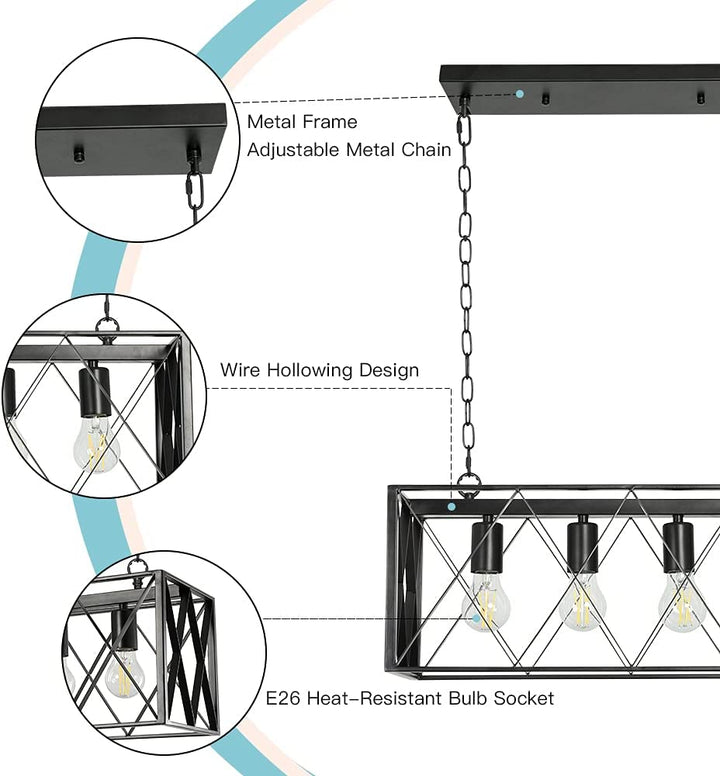 Depuley 4-Light Farmhouse Kitchen Island Pendant Lighting, Industrial Black Chandelier Light Fixture Ceiling Hanging with Metal Frame for Dining Room Living Room Restaurant (E26 Bulbs Included) - WS-FND54-60B 6 | Depuley