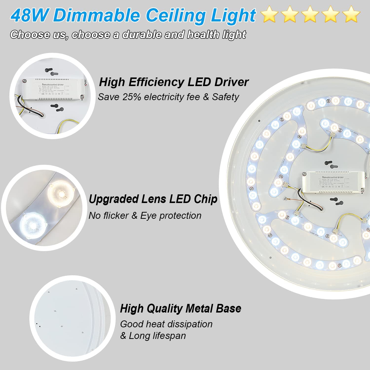Depuley 48W Dimmable LED Ceiling Light Fixture Flush Surface Mount 20 Inch Round Remote Control Lighting 3 Light Color Changeable for Dining Room Living Room Bedroom Office Hotel DEPULEY