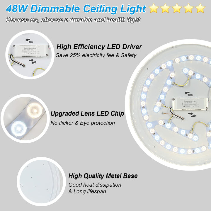 Depuley 48W Dimmable LED Ceiling Light Fixture Flush Surface Mount, 20 Inch Round Remote Control Lighting, 3 Light Color Changeable for Dining Room, Living Room, Bedroom, Office, Hotel - WSCL04-48C-S 11 | Depuley