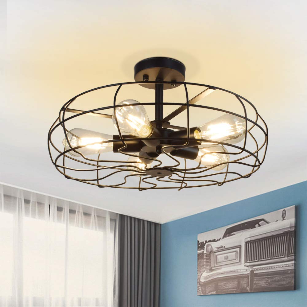 Depuley 5-Light Industrial Ceiling Light, 19 Inch Farmhouse Semi Flush Mount Chandelier, Rustic Metal Cage Ceiling Light Fixture, Black Retro Close to Ceiling Lighting for Kitchen Dining Room Bedroom - WSCL41 1 | Depuley