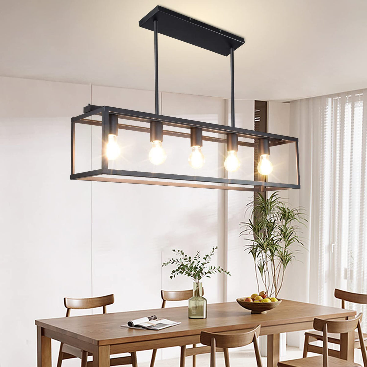 Depuley 5-Light Matte Black Farmhouse Linear Light Fixture Chandelier, Vintage Kitchen Island Light Fixtures, Rectangular Metal Cage Table Pendant Lighting for Dining Room, Kitchen, Breakfast Bar, Cafe (5x 6W Bulbs Included) - WSCDD21-5B 1 | Depuley