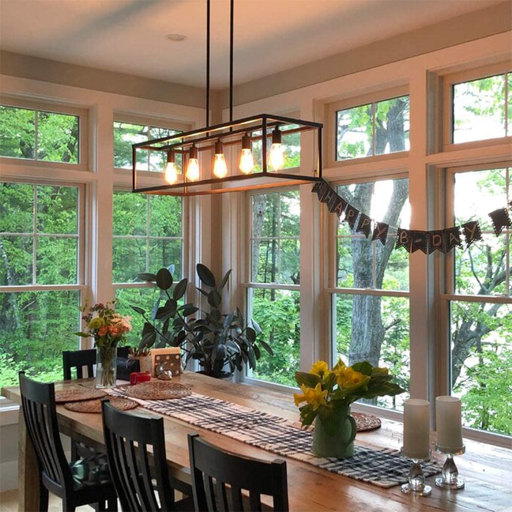 Depuley 5 Light Matte Black Farmhouse Linear Light Fixture Chandelier Vintage Kitchen Island Light Fixtures Rectangular Metal Cage Table Pendant Lighting for Dining Room Kitchen Breakfast Bar Cafe 5x ...