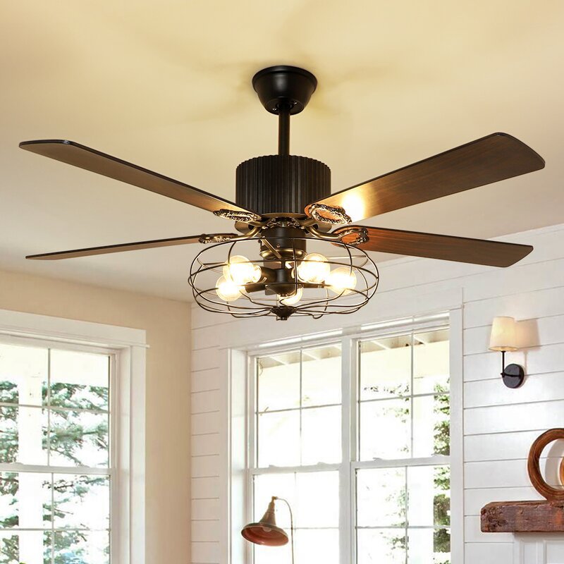 Depuley 52'' Caged Industrial Ceiling Fan with Light, Black Ceiling Fan with 5 Reversible Plywood Blades & Remote, Rustic Ceiling Fans Light Fixture for Bedroom, Canteen, Living Room, Dining Room, Farmhouse, 4 Timings, Low Profile, 5 Bulbs - WS-FPZ21-60B 7 | Depuley