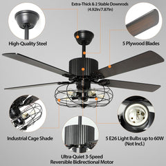 Depuley 52'' Caged Industrial Ceiling Fan with Light, Black Ceiling Fan with 5 Reversible Plywood Blades & Remote, Rustic Ceiling Fans Light Fixture for Bedroom, Canteen, Living Room, Dining Room, Farmhouse, 4 Timings, Low Profile, 5 Bulbs - WS-FPZ21-60B 15 | Depuley