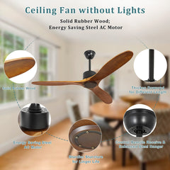 Depuley 52'' Ceiling Fan, Indoor Ceiling Fan with Remote Two Downrods, Solid Rubber Wood 3-Blade Ceiling Fans, AC Motor Retro Wood Ceiling Fan Without Light for Living Room & Covered Outdoor, Timer, Brown - WS-FPZ18-60B 6 | Depuley