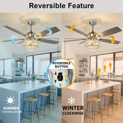 Depuley 52" Crystal Ceiling Fan with Lights, Modern Chandelier Chrome Ceiling Fans with 5 Reversible Wood Blades, LED Ceiling Fan with Remote for Living Room, 3-Speed, Timing, Low Profile, 3*E12 Bulb Sockets - WS-FPZ23-40B 4 | Depuley