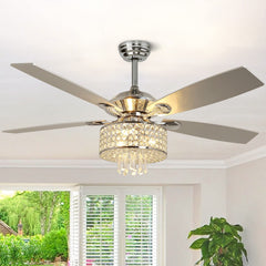 Depuley 52" Crystal Ceiling Fan with Lights, Modern Chandelier Chrome Ceiling Fans with 5 Reversible Wood Blades, LED Ceiling Fan with Remote for Living Room, 3-Speed, Timing, Low Profile, 3*E12 Bulb Sockets - WS-FPZ23-40B 1 | Depuley