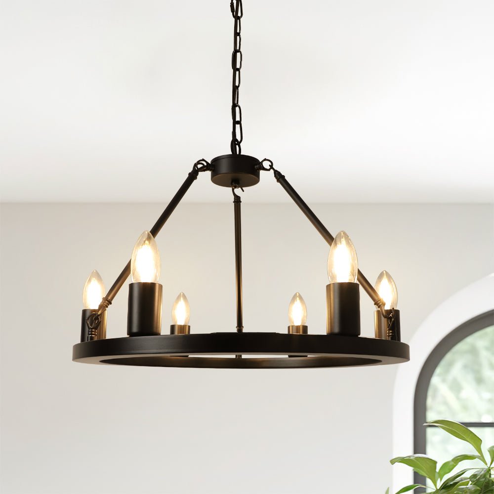 Depuley 6-Light Black Farmhouse Wagon Wheel Chandelier, Industrial Iron Kitchen Island Chandelier Light Fixture Hanging, Round Ceiling Pendant Light - WS-FND68-60B 1 | Depuley