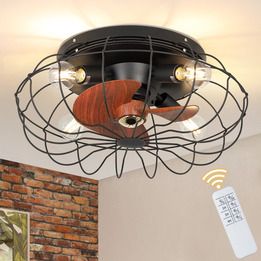 Depuley 20 inch Industrial Cage Ceiling Fan with Lights and Remote Control, Low Profile Ceiling Fan Farmhouse Enclosed Bladeless Flush Mount Ceiling