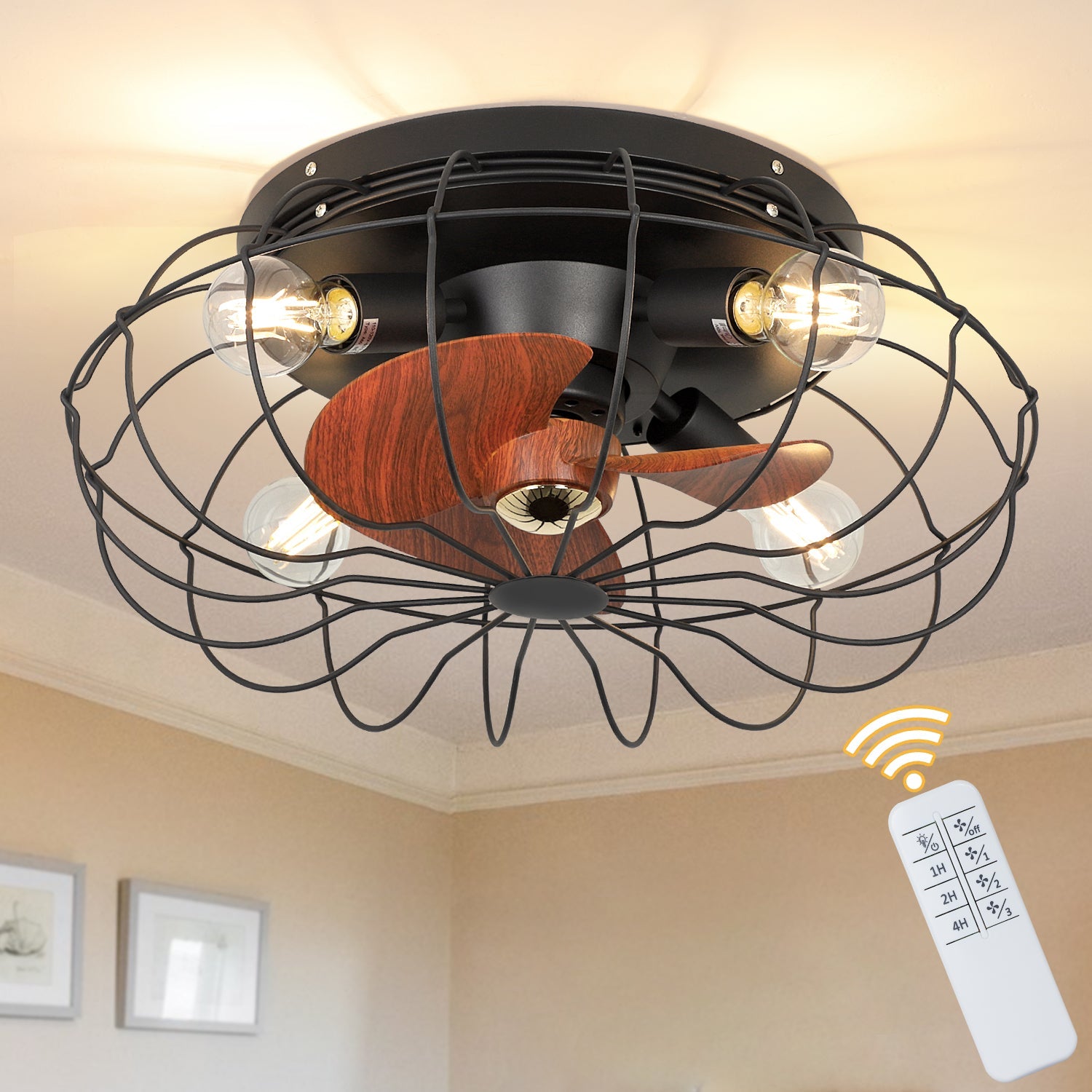 Depuley Caged Design Wooden Thickened Blades Ceiling Fan Lights with Remote, 19.7'' Semi-Enclosed Low Profile Ceiling Fan with 3-Level Wind Speed, Frosted Black Flush Mount Ceiling Fan for kitchen/Bedroom/Living Room/Farmhouse - WS-FPZ28-60B 19 | Depuley