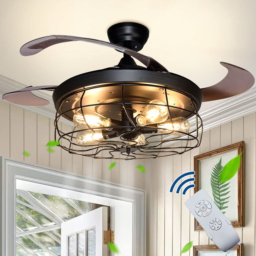Depuley Ceiling Fan with Lights, Industrial Ceiling Fan with Retractable Blades, Vintage Cage Ceiling Light Fixture with Remote for Porch, Kitchen, Dining Room, Bedroom, Living Room, Farmhouse, Canteen, 5 Bulb Bases, Matte Black - WSFSL001 1 | Depuley
