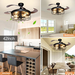 Depuley Ceiling Fan with Lights, Industrial Ceiling Fan with Retractable Blades, Vintage Cage Ceiling Light Fixture with Remote for Porch, Kitchen, Dining Room, Bedroom, Living Room, Farmhouse, Canteen, 5 Bulb Bases, Matte Black - WSFSL001 5 | Depuley
