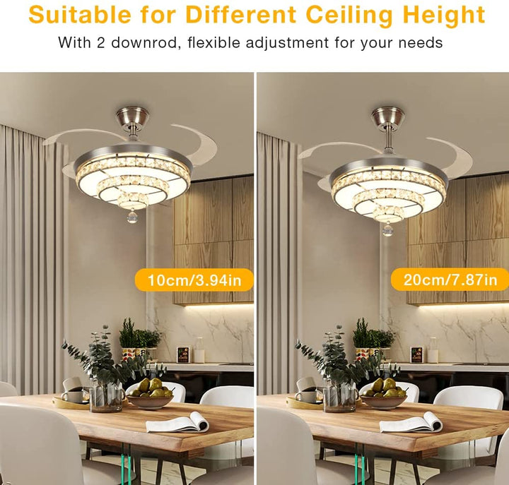 Depuley Crystal Ceiling Fan with Light, 36W Modern Ceiling Fan Remote, 3-Blade Retractable Led Fan Chandelier Outdoor/Indoor for Living Room, Bedroom, Dining Room, Color Changeable 3000K-6000K, Polished Nickel - WSFSL002-36C 9 | Depuley