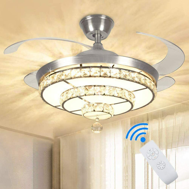 Depuley Crystal Ceiling Fan with Light, 36W Modern Ceiling Fan Remote, 3-Blade Retractable Led Fan Chandelier Outdoor/Indoor for Living Room, Bedroom, Dining Room, Color Changeable 3000K-6000K, Polished Nickel - WSFSL002-36C 2 DEPULEY DINGLILighting Store