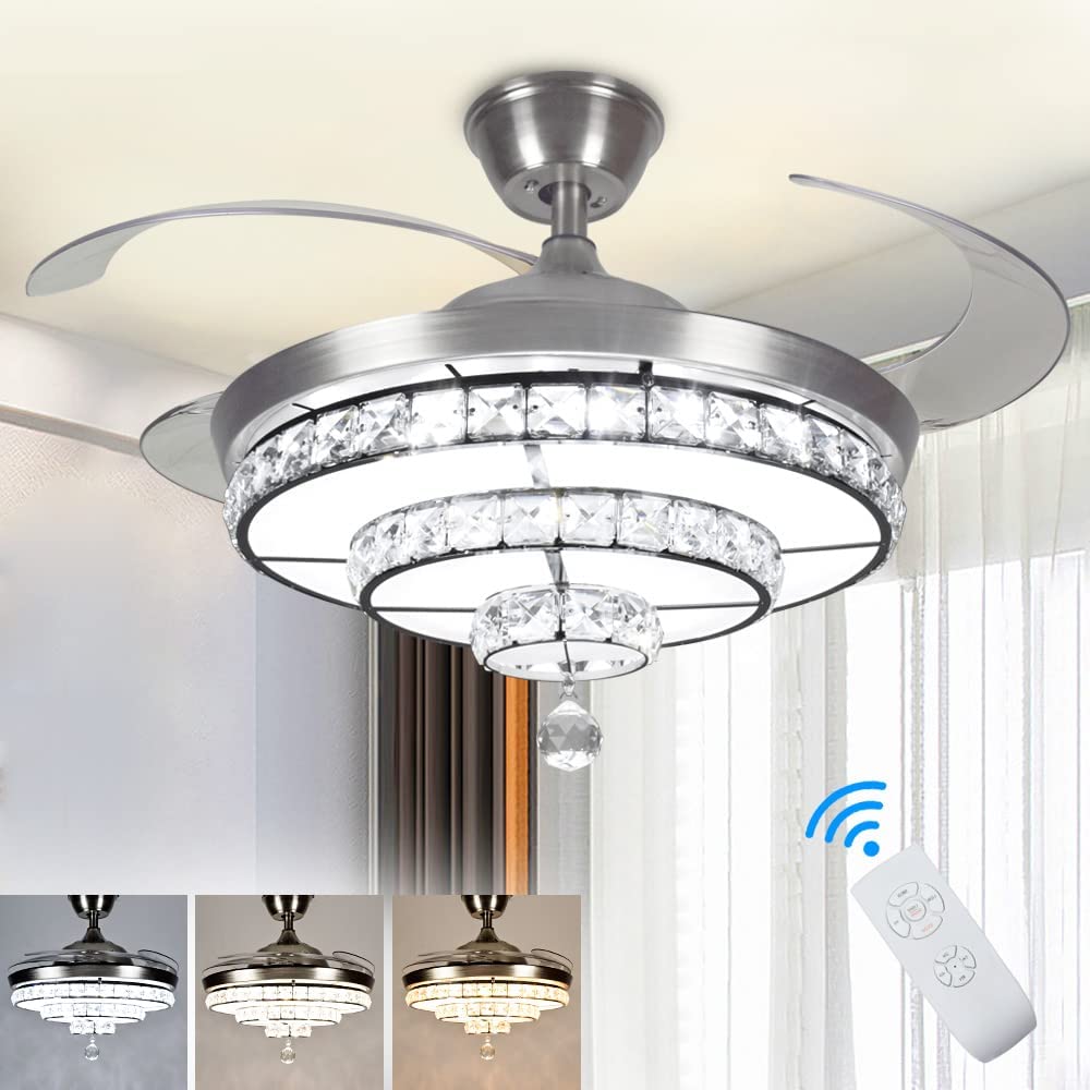 Depuley Crystal Ceiling Fan with Light, 36W Modern Ceiling Fan Remote, 3-Blade Retractable Led Fan Chandelier Outdoor/Indoor for Living Room, Bedroom, Dining Room, Color Changeable 3000K-6000K, Polished Nickel - WSFSL002-36C 1 | Depuley