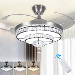Depuley Crystal Ceiling Fan with Light, 36W Modern Ceiling Fan Remote, 3-Blade Retractable Led Fan Chandelier Outdoor/Indoor for Living Room, Bedroom, Dining Room, Color Changeable 3000K-6000K, Polished Nickel - WSFSL002-36C 1 | Depuley