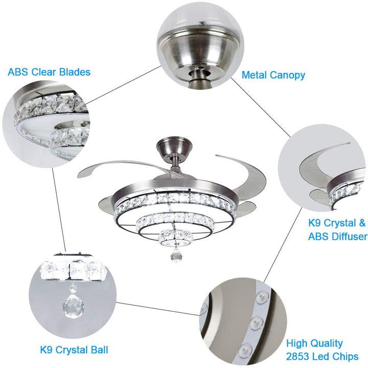Depuley Crystal Ceiling Fan with Light, 36W Modern Ceiling Fan Remote, 3-Blade Retractable Led Fan Chandelier Outdoor/Indoor for Living Room, Bedroom, Dining Room, Color Changeable 3000K-6000K, Polished Nickel - WSFSL002-36C 11 DEPULEY DINGLILighting Store