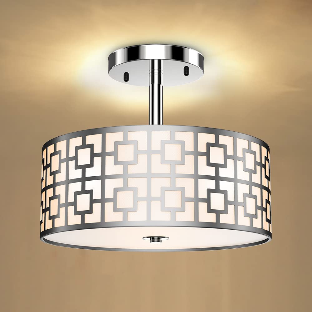 Depuley 12.6In Modern Semi Flush Ceiling Light Fixture, 3-Light Bedroom Ceiling Drum Light, Entry Light Fixtures Ceiling Hanging for Dining Room, Kitchen, Hallway, Entry, Foyer, Living Room, Black/Silver Finish - B07WQFFGPQ 2 | Depuley